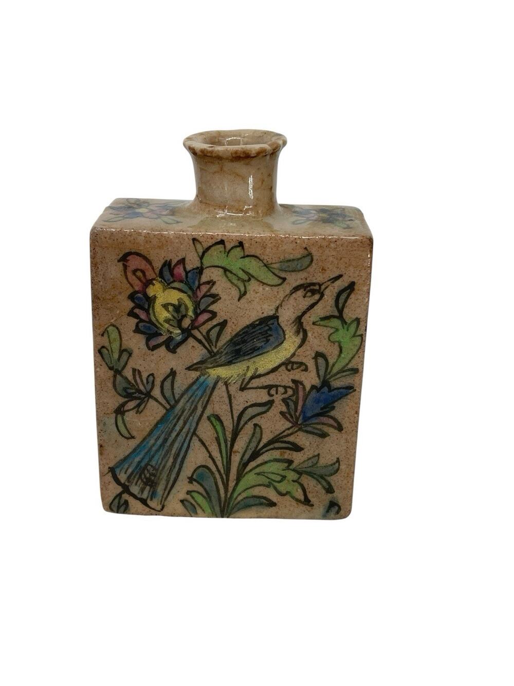 Antique Iznik Pottery Bottle Flask Vase Persian Turkish Florals Bird